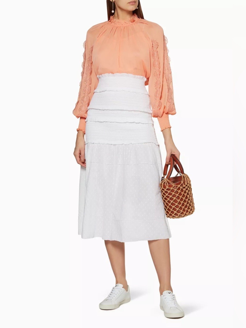 See By Chloé Peach Lace-Sleeve Blouse - Peach, size 4, two pieces, original $398